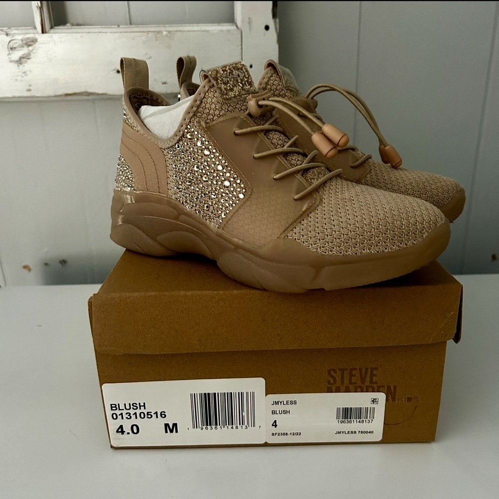 Steve Madden Girls JMISS Tan Blush Rhinestone Sneakers